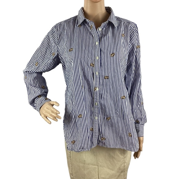 LOFT Dog Stripe Everyday Shirt Blue White Button Down Cotton Medium - Picture 1 of 8